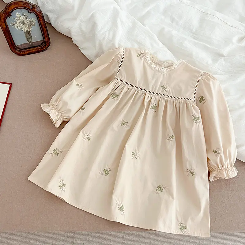 Autumn Baby Embroider Princess Dress New Girls Dress Little Girl Lace Collar Hollow Dress Cotton Princess Kids Dress Korea Style
