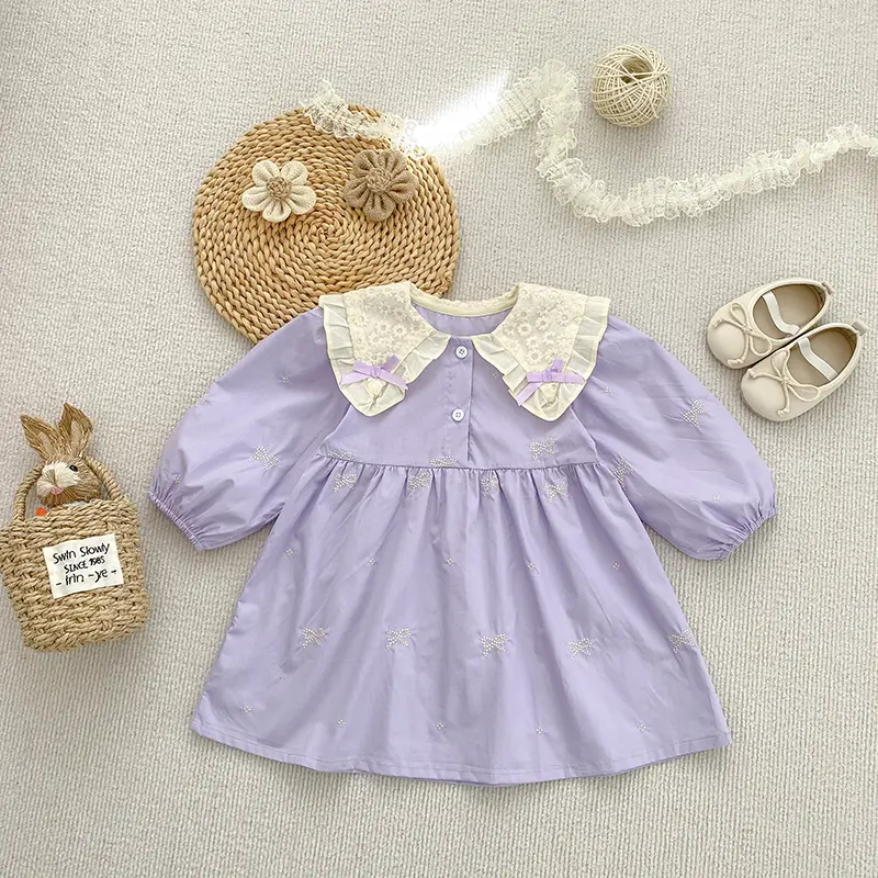 1-7Yrs Girls Princess Dress Baby Girl Clothes Kids Clothes Butterfly Collar Baby Girl One Piece Clothes Embroidery Kids Dress