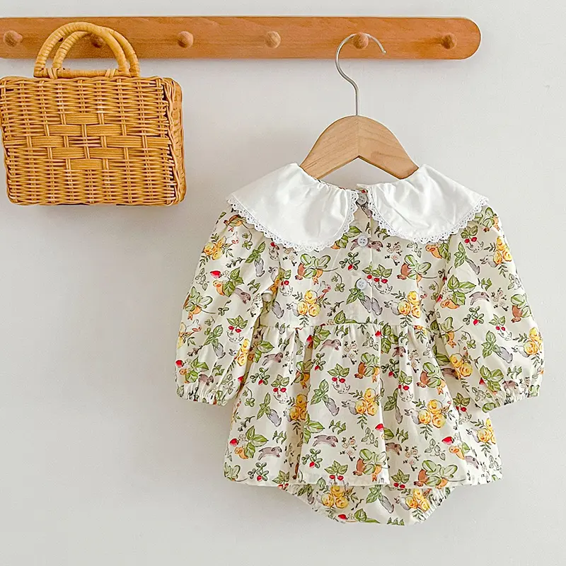 Autumn Girls Romper 0-24M Children Clothes Climbing Suit Long Sleeved Cotton Flower Print Toddler Baby Girl Romper Korean Style