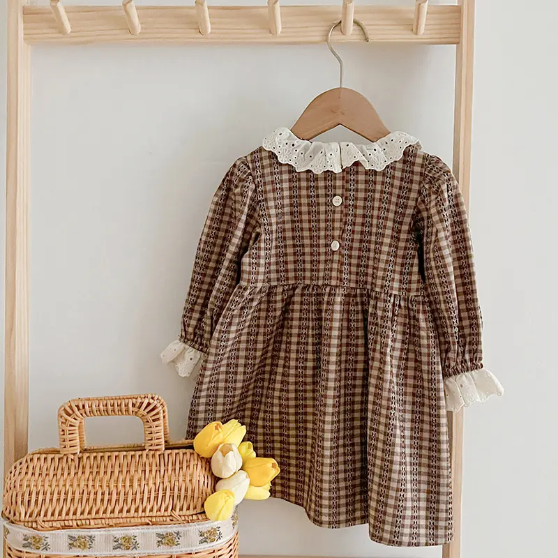 1-6Yrs Princess Girl Dress Autumn Birthday Party Lace Kids Toddler Girl Dresses Brown Grid Infant Baby Clothes Children Outfits