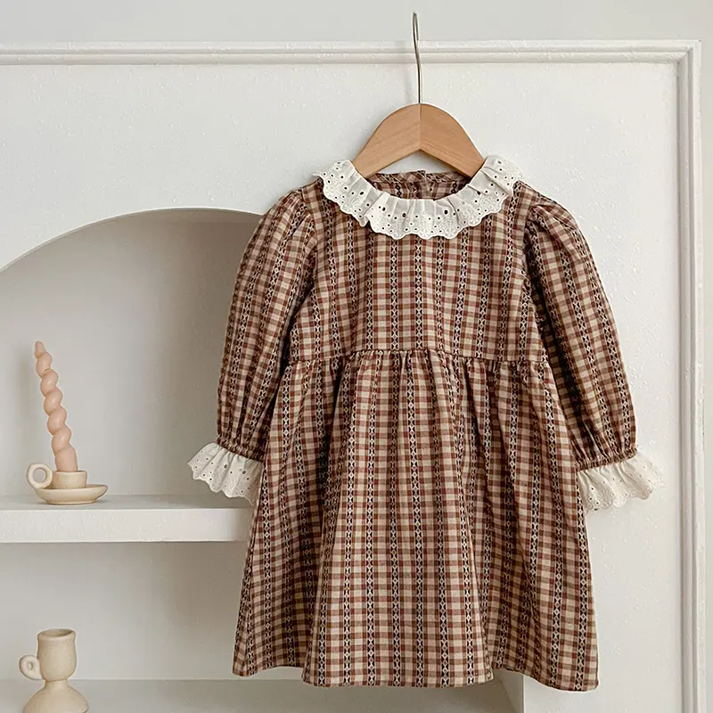 1-6Yrs Princess Girl Dress Autumn Birthday Party Lace Kids Toddler Girl Dresses Brown Grid Infant Baby Clothes Children Outfits