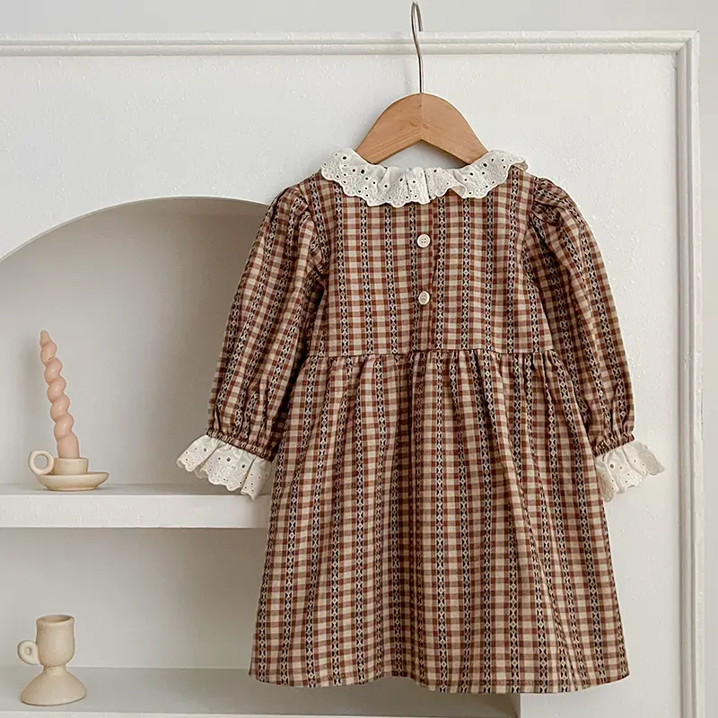 1-6Yrs Princess Girl Dress Autumn Birthday Party Lace Kids Toddler Girl Dresses Brown Grid Infant Baby Clothes Children Outfits
