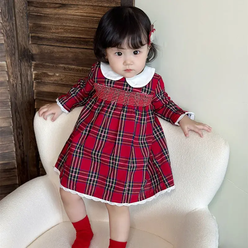 New Year Party Cute Clothes Baby Girl Christmas Dress Outfit Toddler Smocked Christmas Dress Vintage Princess Red Grid Dresses