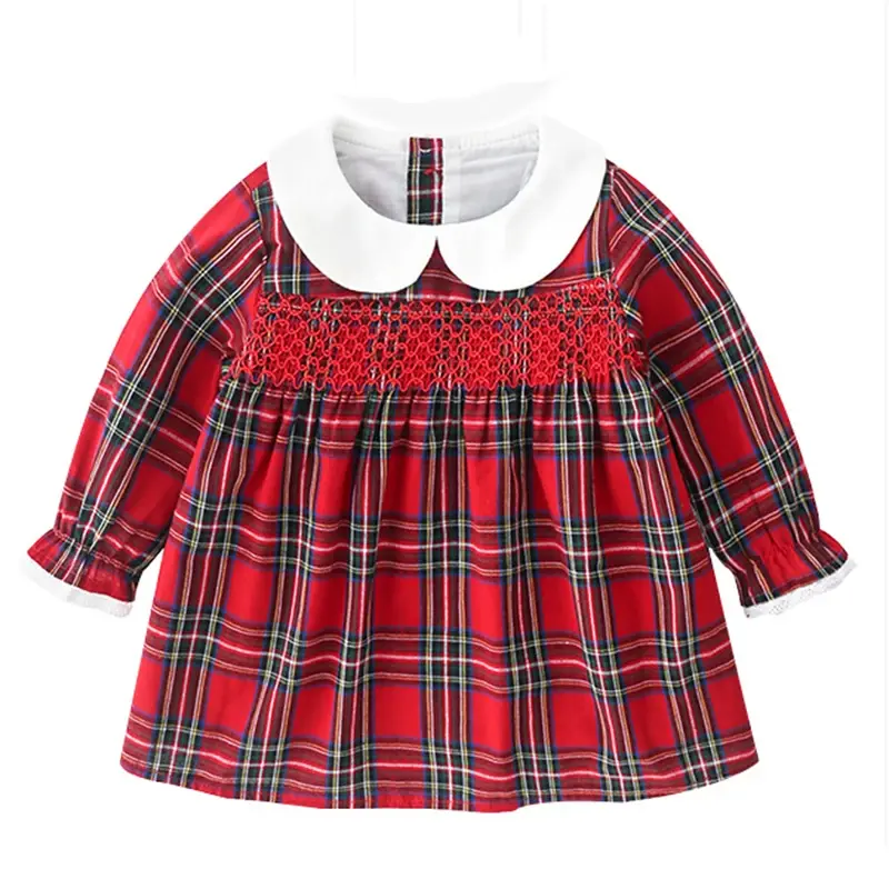 New Year Party Cute Clothes Baby Girl Christmas Dress Outfit Toddler Smocked Christmas Dress Vintage Princess Red Grid Dresses