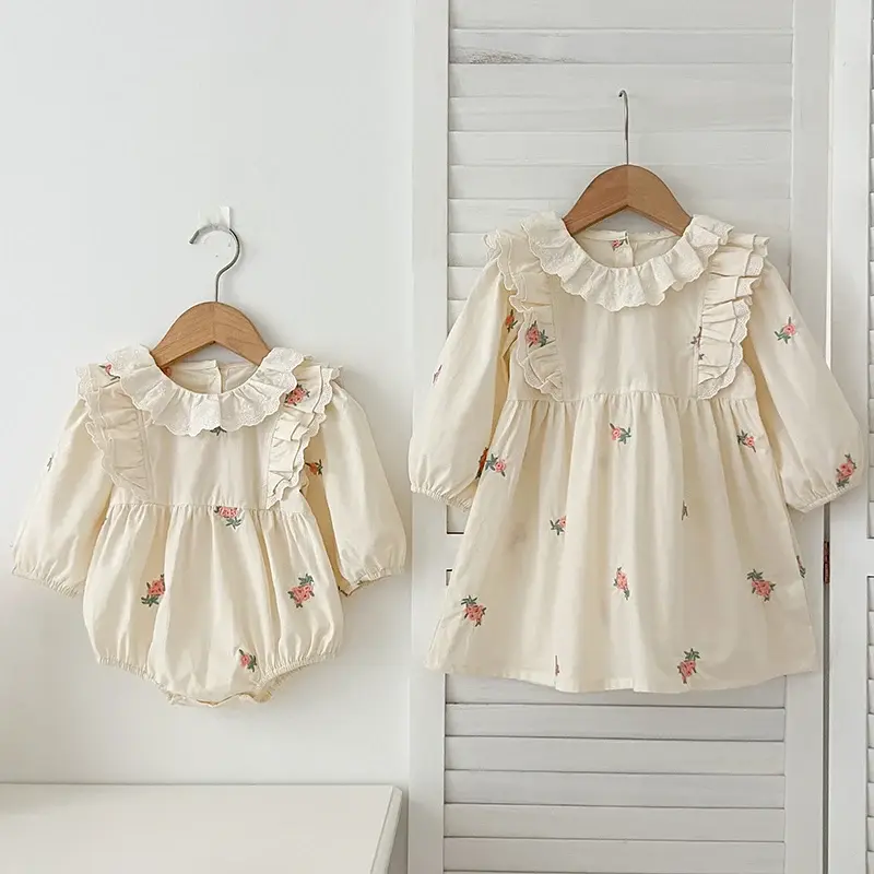 Spring Autumn Baby Girls Sweet Sisters Dress Lace Embroidered Flowers Infant Rompers Kids Baby Girls Princess Clothes Rompers