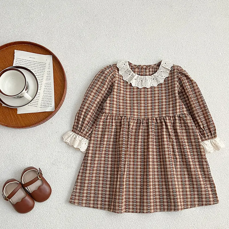1-6Yrs Princess Girl Dress Autumn Birthday Party Lace Kids Toddler Girl Dresses Brown Grid Infant Baby Clothes Children Outfits