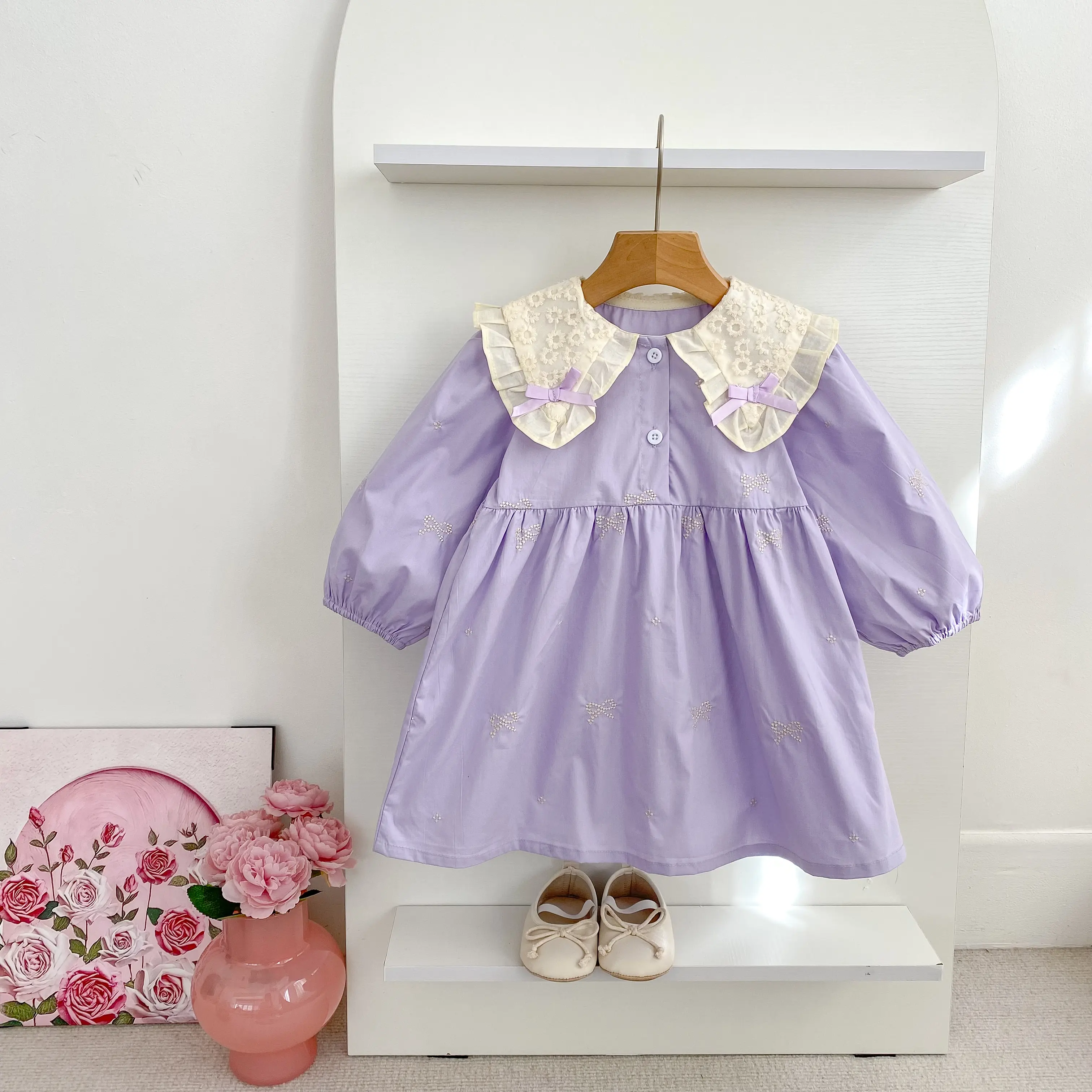 1-7Yrs Girls Princess Dress Baby Girl Clothes Kids Clothes Butterfly Collar Baby Girl One Piece Clothes Embroidery Kids Dress