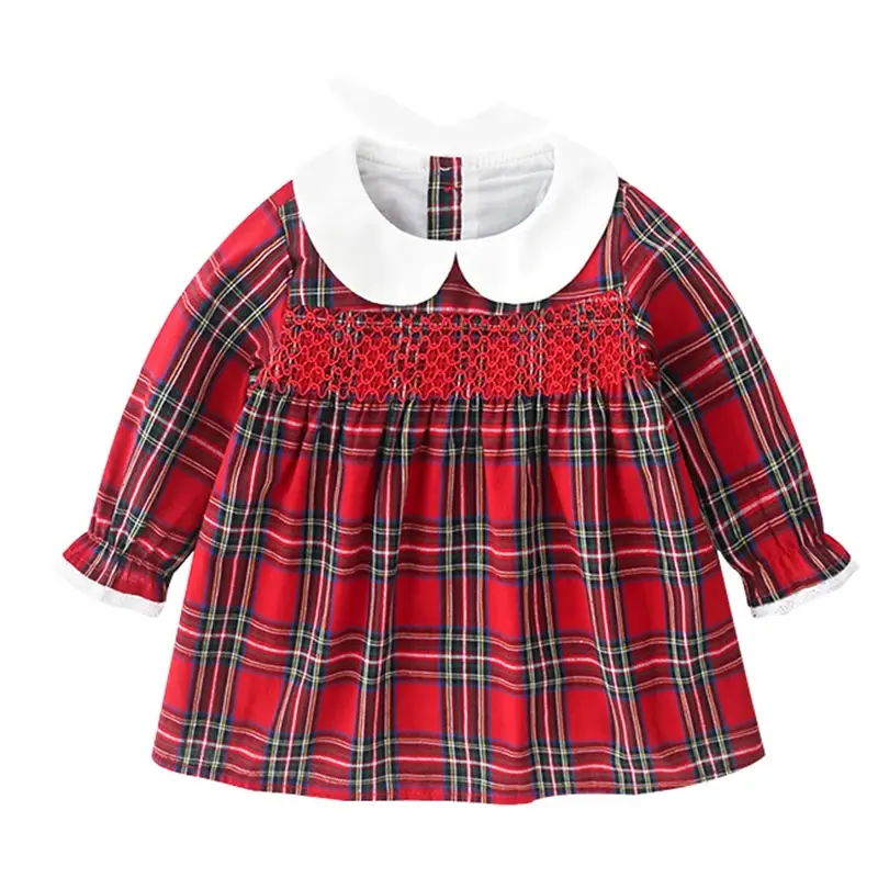 New Year Party Cute Clothes Baby Girl Christmas Dress Outfit Toddler Smocked Christmas Dress Vintage Princess Red Grid Dresses