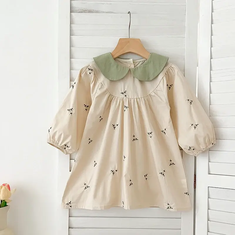 Baby Girl Dress Autumn Embroidered Flowers Patchwork Dress Spring Turn-down Collar Retro Princess Dresses Infant Clothes Korean