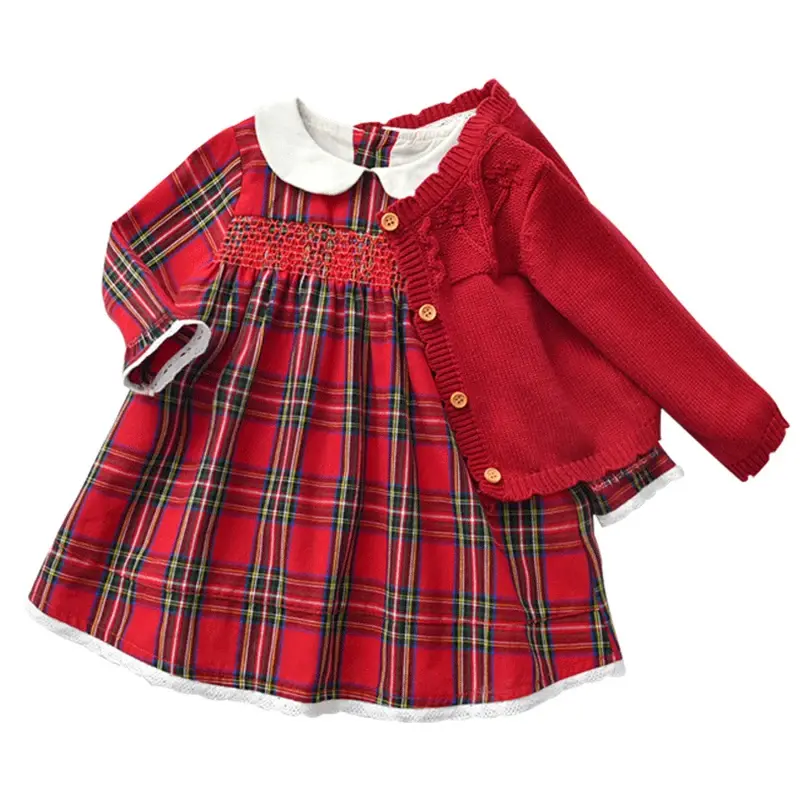 New Year Party Cute Clothes Baby Girl Christmas Dress Outfit Toddler Smocked Christmas Dress Vintage Princess Red Grid Dresses