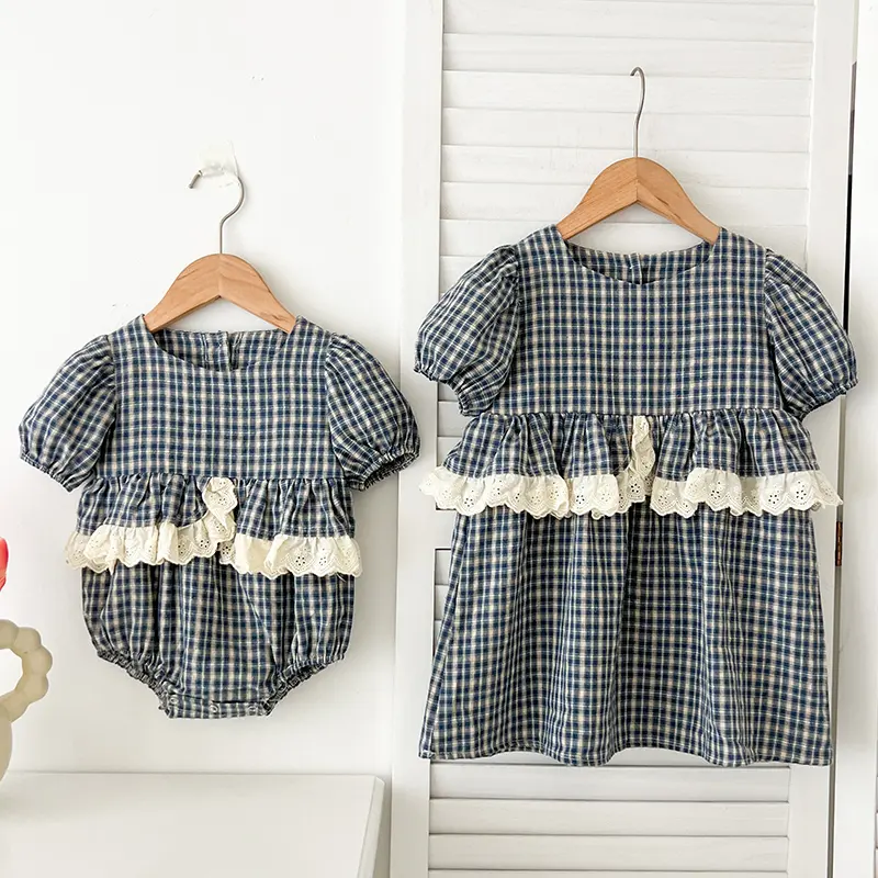 Sister Matching Outfit Princess Dresses 0-6Yrs Baby Girls Clothes Girls Dress Plaid Lace Fashion Summer Sister Baby Girl Romper