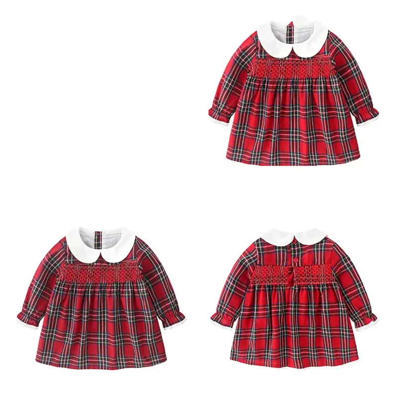 New Year Party Cute Clothes Baby Girl Christmas Dress Outfit Toddler Smocked Christmas Dress Vintage Princess Red Grid Dresses