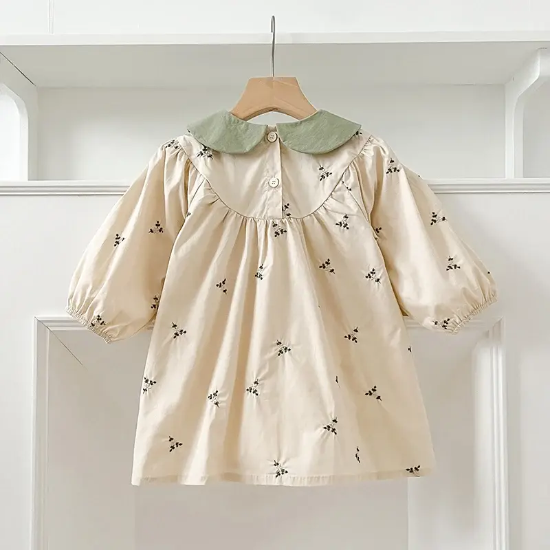 Baby Girl Dress Autumn Embroidered Flowers Patchwork Dress Spring Turn-down Collar Retro Princess Dresses Infant Clothes Korean