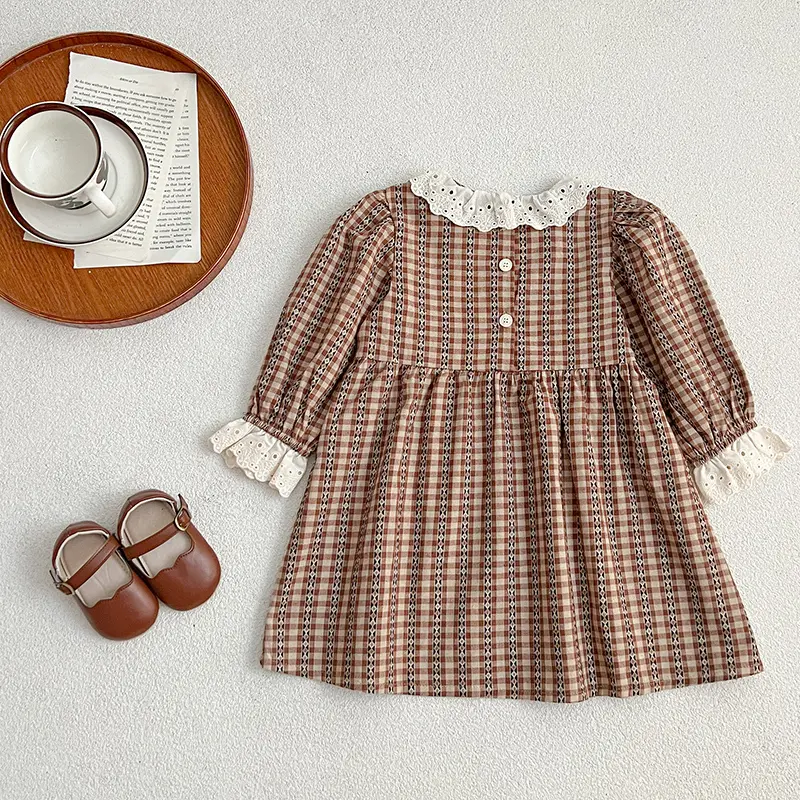 1-6Yrs Princess Girl Dress Autumn Birthday Party Lace Kids Toddler Girl Dresses Brown Grid Infant Baby Clothes Children Outfits