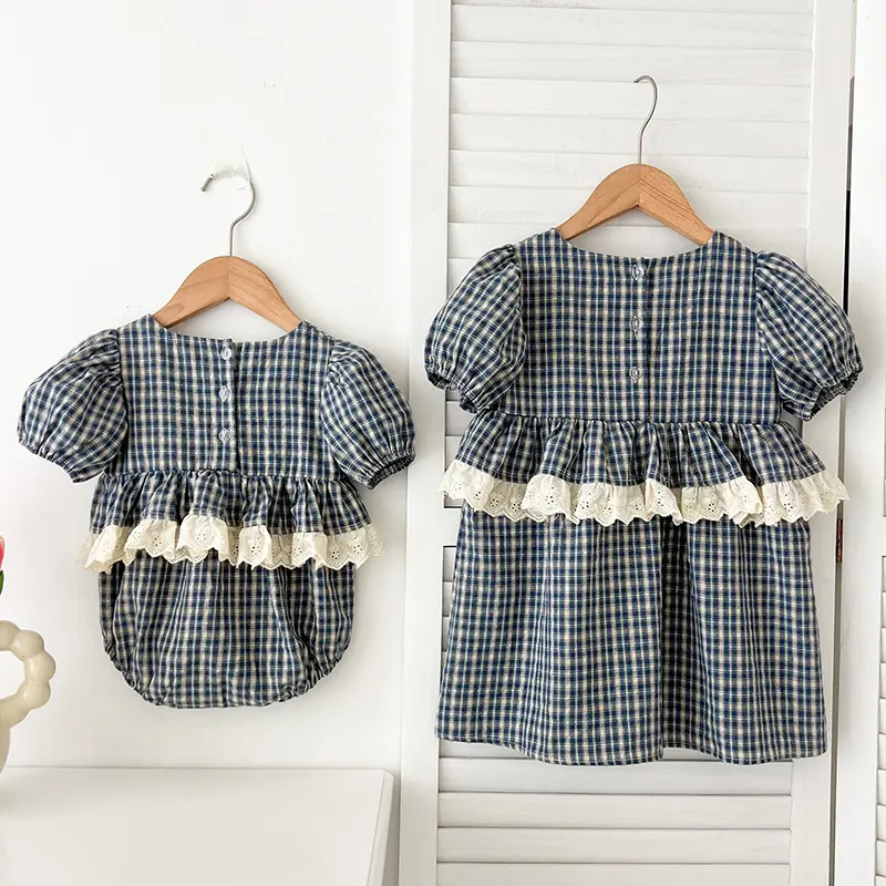 Sister Matching Outfit Princess Dresses 0-6Yrs Baby Girls Clothes Girls Dress Plaid Lace Fashion Summer Sister Baby Girl Romper