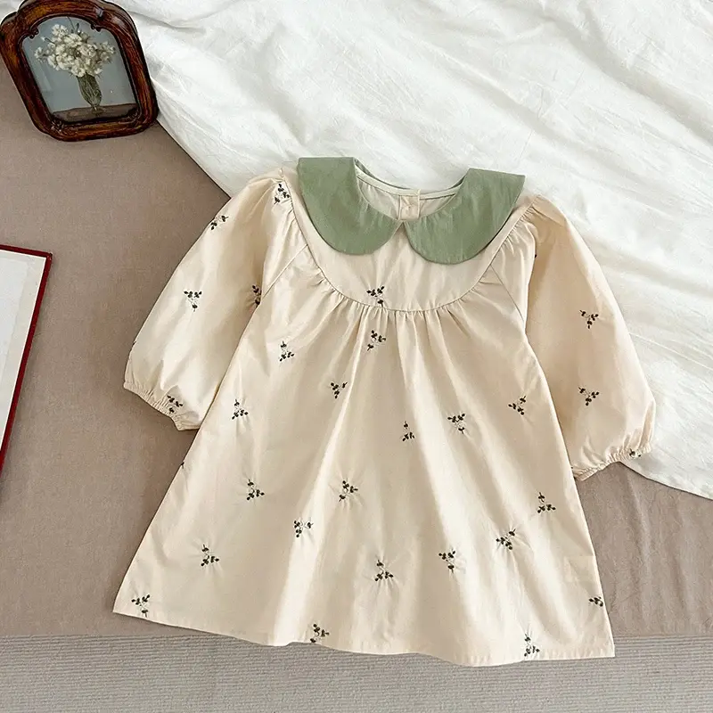 Baby Girl Dress Autumn Embroidered Flowers Patchwork Dress Spring Turn-down Collar Retro Princess Dresses Infant Clothes Korean