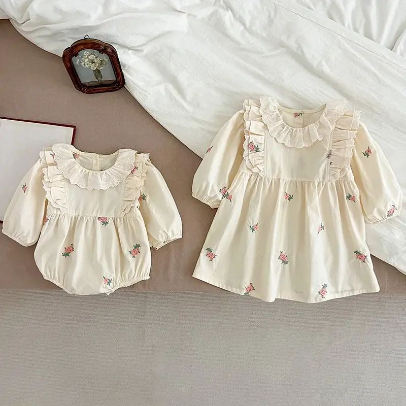 Spring Autumn Baby Girls Sweet Sisters Dress Lace Embroidered Flowers Infant Rompers Kids Baby Girls Princess Clothes Rompers