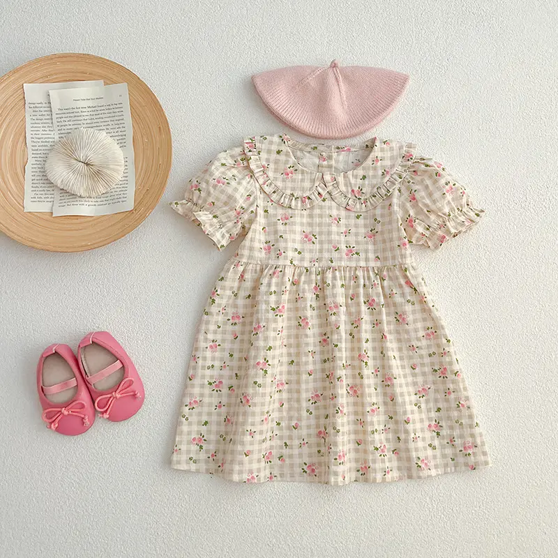 Sister Matching Outfit  Pink Flowers Dress Toddler Princess Romper Summer Sister Baby Girls Flower Dresses Grid Girl Baby Romper