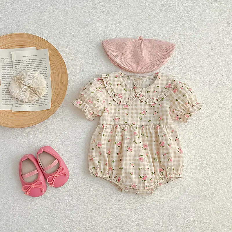 Sister Matching Outfit  Pink Flowers Dress Toddler Princess Romper Summer Sister Baby Girls Flower Dresses Grid Girl Baby Romper