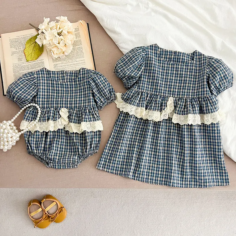 Sister Matching Outfit Princess Dresses 0-6Yrs Baby Girls Clothes Girls Dress Plaid Lace Fashion Summer Sister Baby Girl Romper