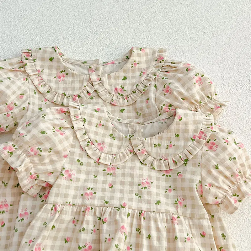 Sister Matching Outfit  Pink Flowers Dress Toddler Princess Romper Summer Sister Baby Girls Flower Dresses Grid Girl Baby Romper