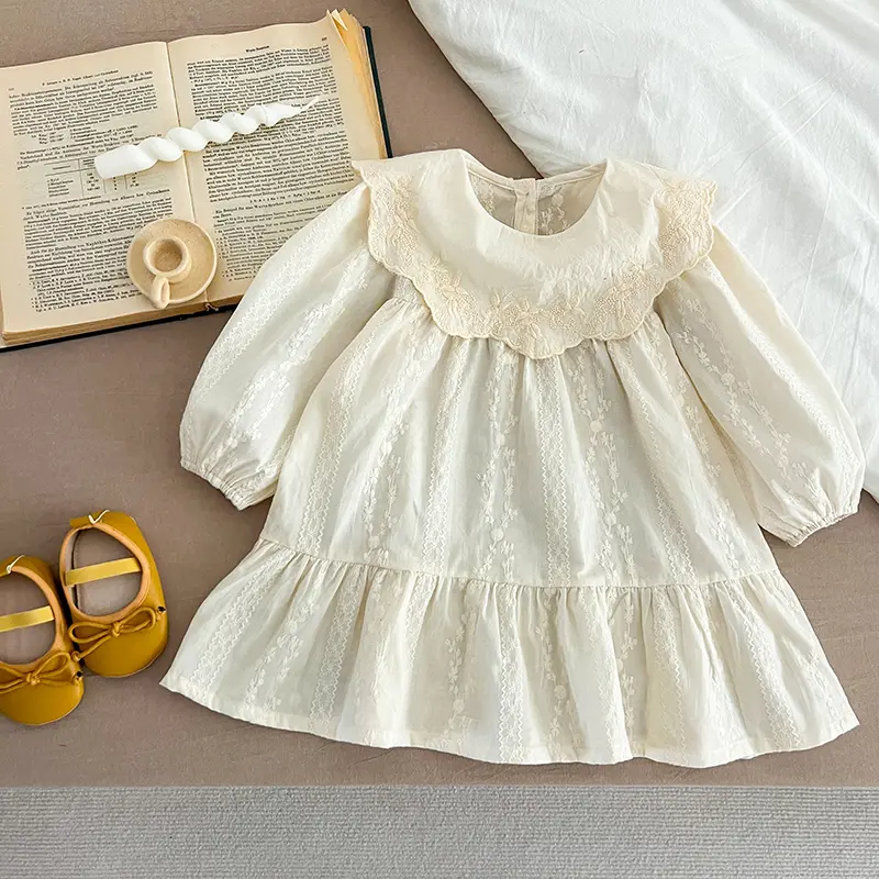 1-6Yrs Toddler Outfit Autumn Baby Girls Dress Flower Embroidery Dress Ruffled Collar Infant Girls Cotton Kids Princess Dresses