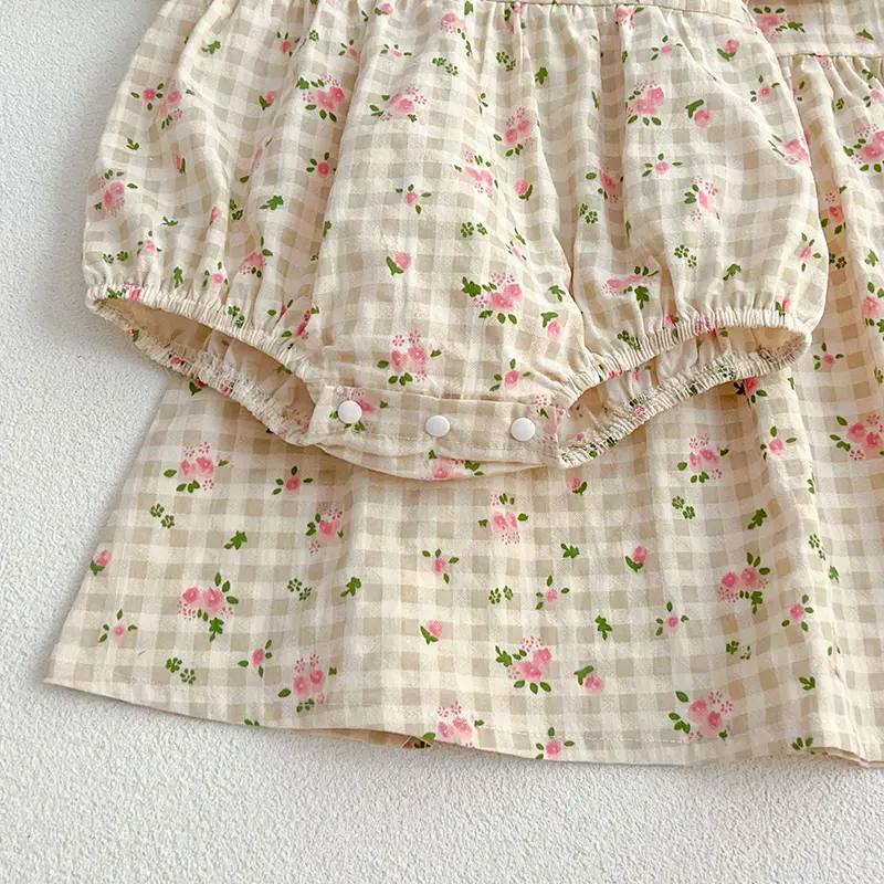 Sister Matching Outfit  Pink Flowers Dress Toddler Princess Romper Summer Sister Baby Girls Flower Dresses Grid Girl Baby Romper