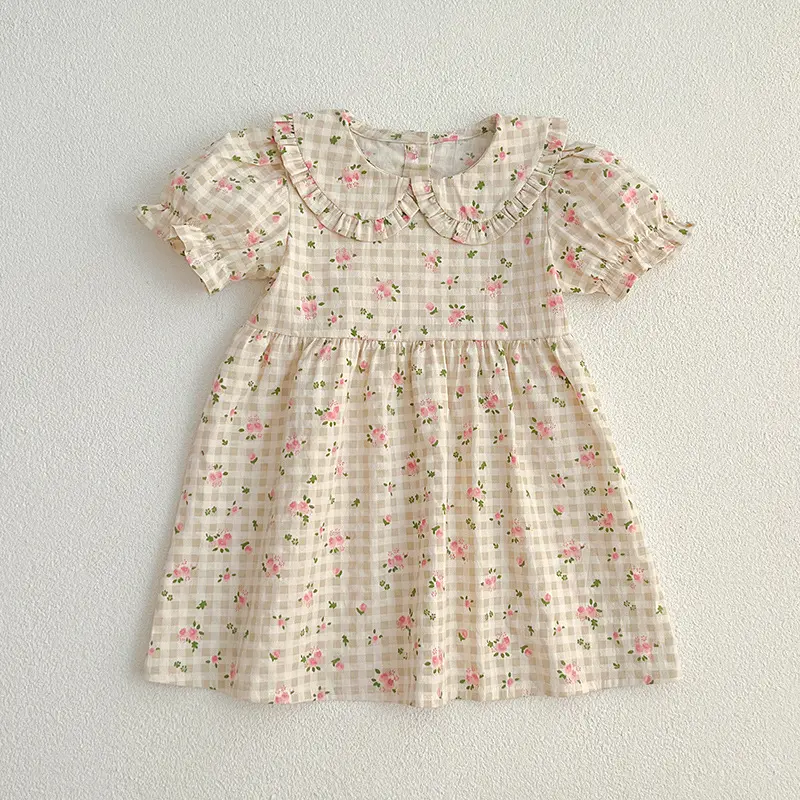 Sister Matching Outfit  Pink Flowers Dress Toddler Princess Romper Summer Sister Baby Girls Flower Dresses Grid Girl Baby Romper