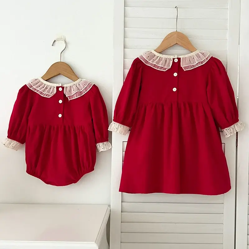 Christmas Baby Girls Clothes Toddler Baby Rompers Princess Dress Autumn Lace Collar Red Girls Dress Christmas Sister Clothing