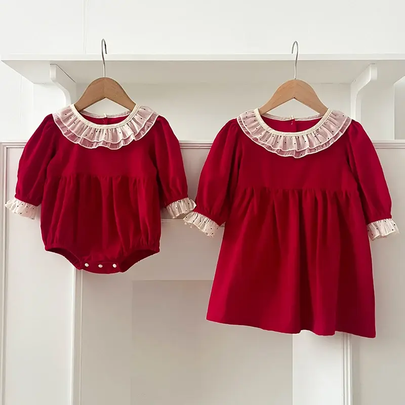 Christmas Baby Girls Clothes Toddler Baby Rompers Princess Dress Autumn Lace Collar Red Girls Dress Christmas Sister Clothing
