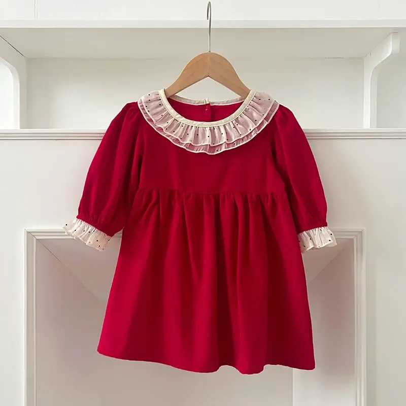 Christmas Baby Girls Clothes Toddler Baby Rompers Princess Dress Autumn Lace Collar Red Girls Dress Christmas Sister Clothing