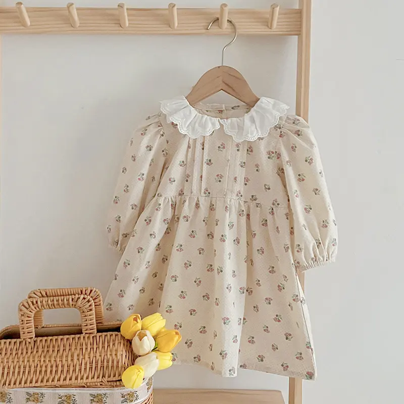 New Toddlers Kids Princess Dresses Children Dress Autumn New Girl Floral Embroidery Lace Collar Dress Cotton Casual Girl's Dress