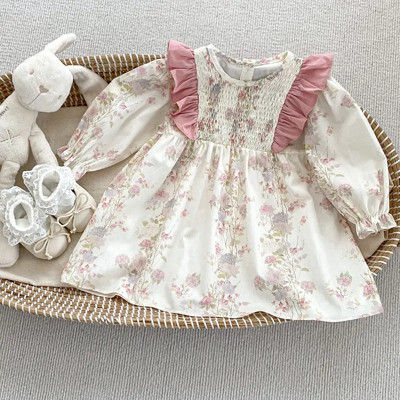 New Autumn Baby Sister Dress Cotton Floral Print Rompers Pink Ruffled Clothes Casual Dress Sister Matching Kids Clothing Outfit