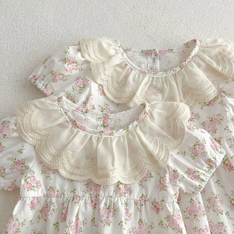Sister Baby Girls Flower Dresses Girl Romper New Summer Sister Matching Outfit Lace Collar Flowers Dress Toddler Princess Romper