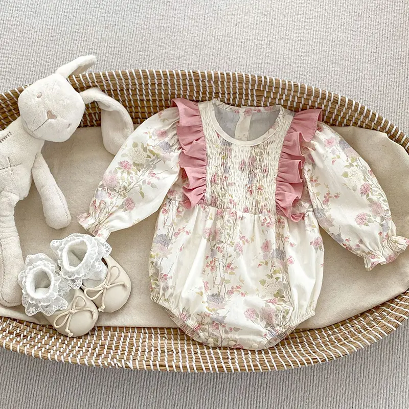 New Autumn Baby Sister Dress Cotton Floral Print Rompers Pink Ruffled Clothes Casual Dress Sister Matching Kids Clothing Outfit