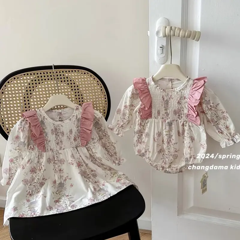 New Autumn Baby Sister Dress Cotton Floral Print Rompers Pink Ruffled Clothes Casual Dress Sister Matching Kids Clothing Outfit