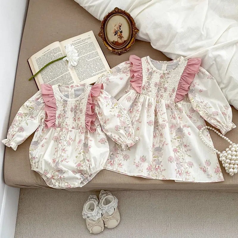 New Autumn Baby Sister Dress Cotton Floral Print Rompers Pink Ruffled Clothes Casual Dress Sister Matching Kids Clothing Outfit