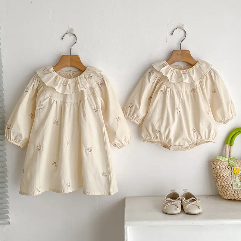 Sisters Clothes Infant Baby Girls Dress Rompers Sisters Dress Kids Baby Girls Embroidered Flowers Princess Dress Clothes Rompers