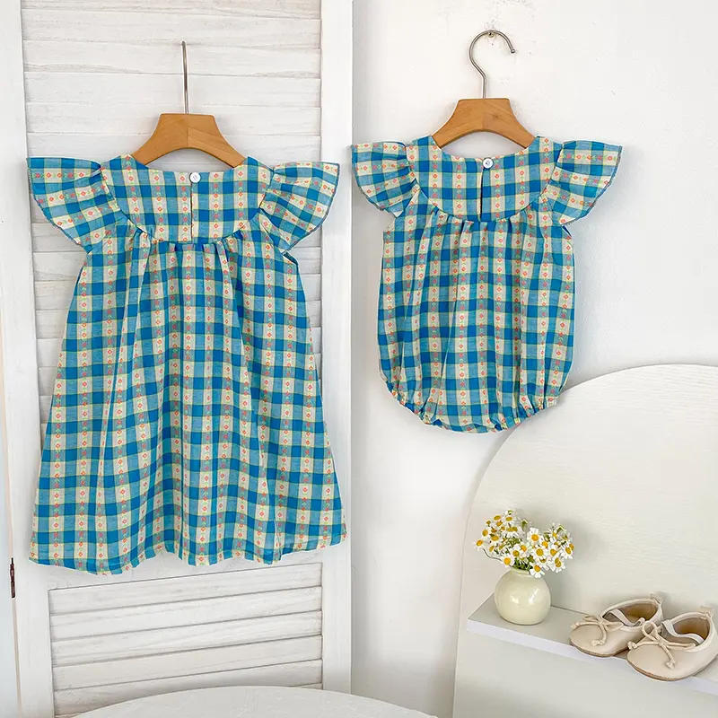 New Summer Sister Match Outfits blue Grid Embroidery Princess Dress Sister Baby Girls Clothes Floral Romper Flying Sleeves Dress
