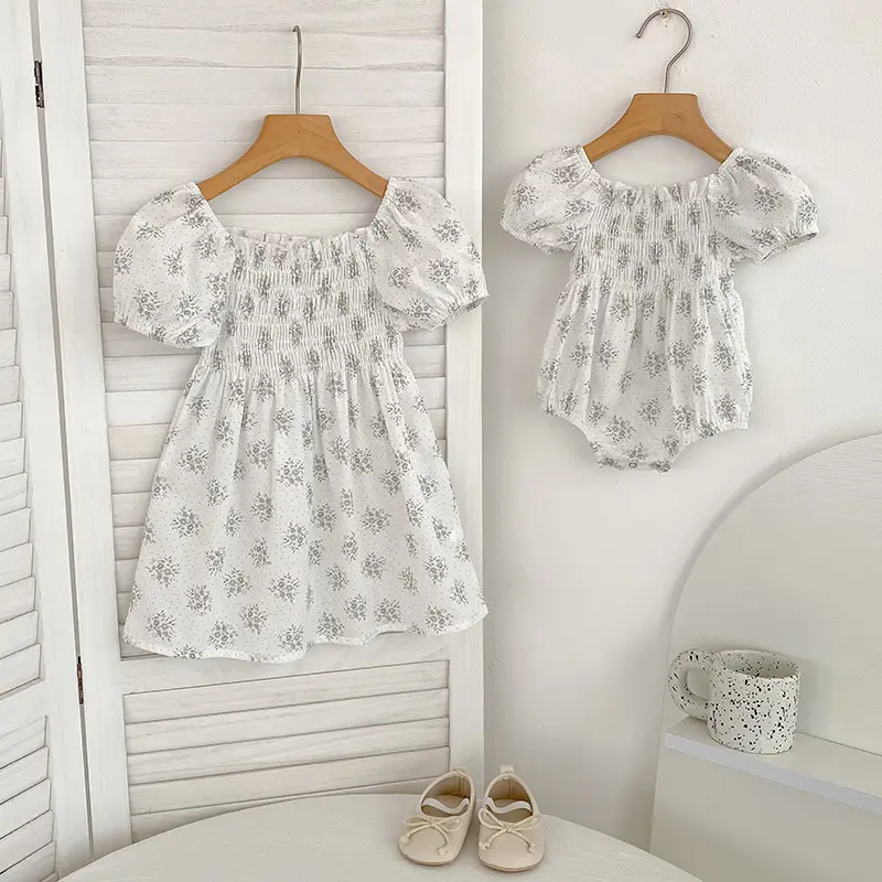 0-6Yrs Summer Sister Dress Infant Newborn Baby Girl Clothes Sister Female Baby Small Broken Flower Puff Sleeve Romper Clothes