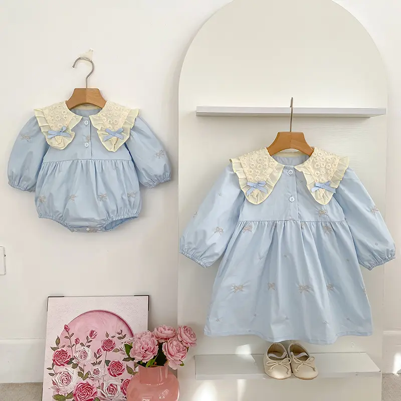 Sisters Clothes Infant Baby Girls Lace Collar Dress Rompers Kids Baby Girls Embroider Bow Princess Dress Family Clothes Rompers