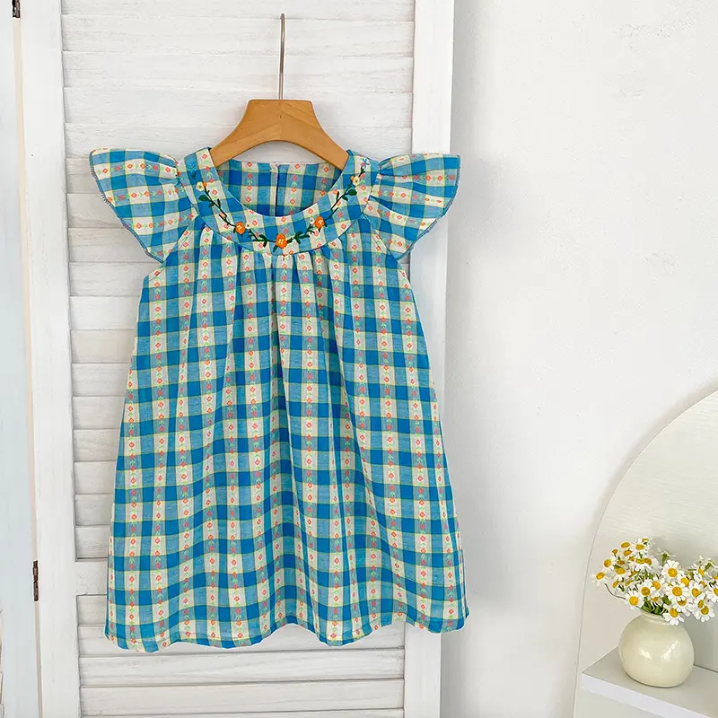 New Summer Sister Match Outfits blue Grid Embroidery Princess Dress Sister Baby Girls Clothes Floral Romper Flying Sleeves Dress