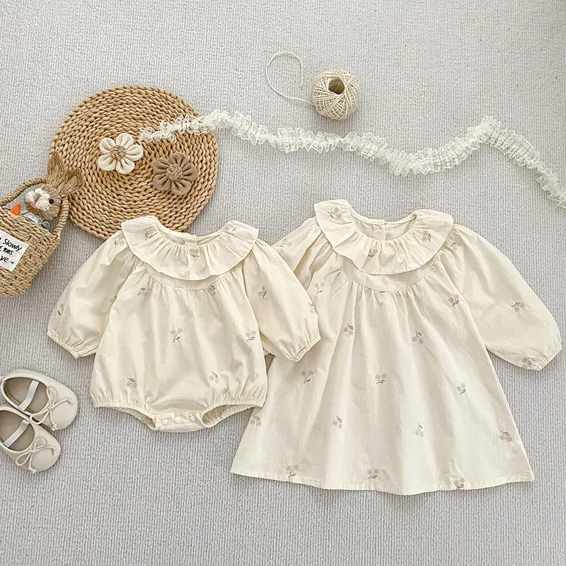 Sisters Clothes Infant Baby Girls Dress Rompers Sisters Dress Kids Baby Girls Embroidered Flowers Princess Dress Clothes Rompers