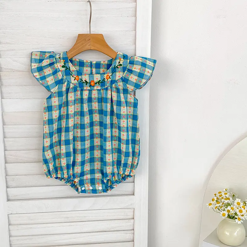 New Summer Sister Match Outfits blue Grid Embroidery Princess Dress Sister Baby Girls Clothes Floral Romper Flying Sleeves Dress