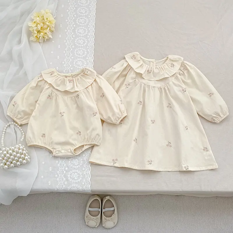 Sisters Clothes Infant Baby Girls Dress Rompers Sisters Dress Kids Baby Girls Embroidered Flowers Princess Dress Clothes Rompers