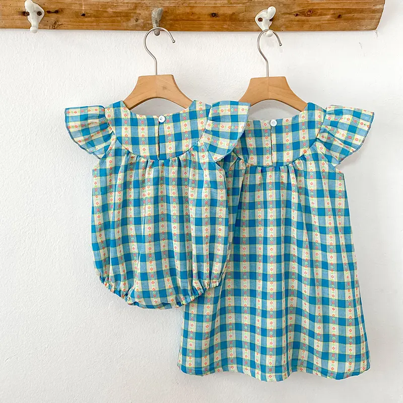 New Summer Sister Match Outfits blue Grid Embroidery Princess Dress Sister Baby Girls Clothes Floral Romper Flying Sleeves Dress