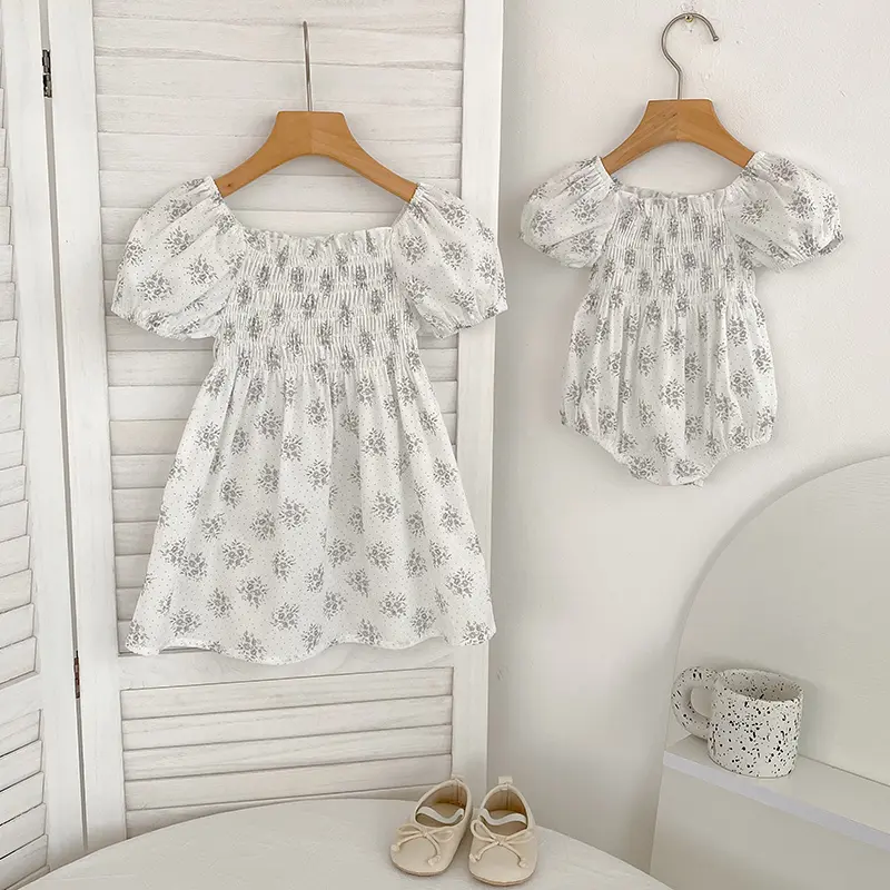 0-6Yrs Summer Sister Dress Infant Newborn Baby Girl Clothes Sister Female Baby Small Broken Flower Puff Sleeve Romper Clothes
