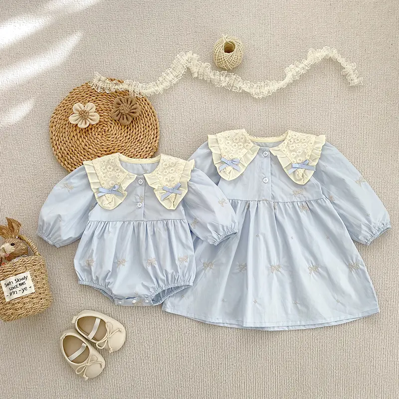 Sisters Clothes Infant Baby Girls Lace Collar Dress Rompers Kids Baby Girls Embroider Bow Princess Dress Family Clothes Rompers