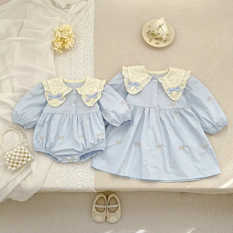 Sisters Clothes Infant Baby Girls Lace Collar Dress Rompers Kids Baby Girls Embroider Bow Princess Dress Family Clothes Rompers