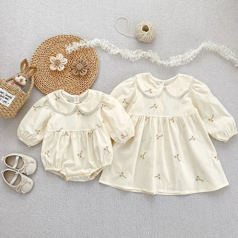 Spring Kids Party Dresses Children Clothing Embroider Flower Toddler Baby Girls Princess Dress Long Sleeve Cotton Sisters Dress